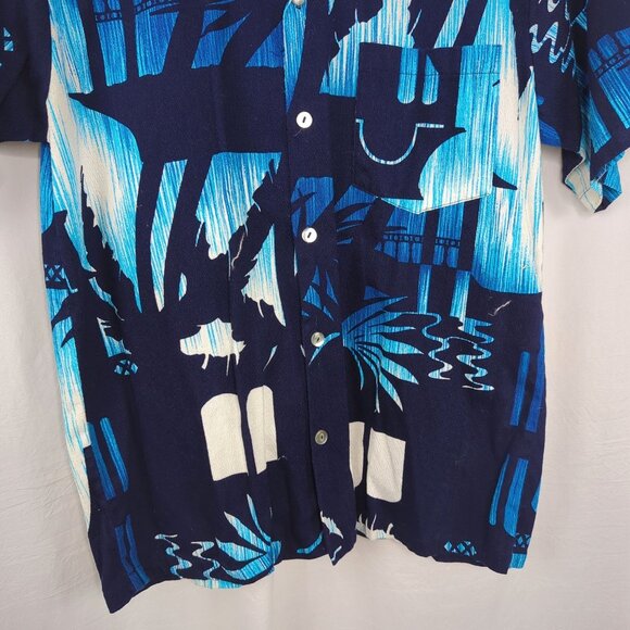 Vintage Hukilau Fashions Hawaiian Shirt Small Blue Barkcloth - Picture 3 of 7